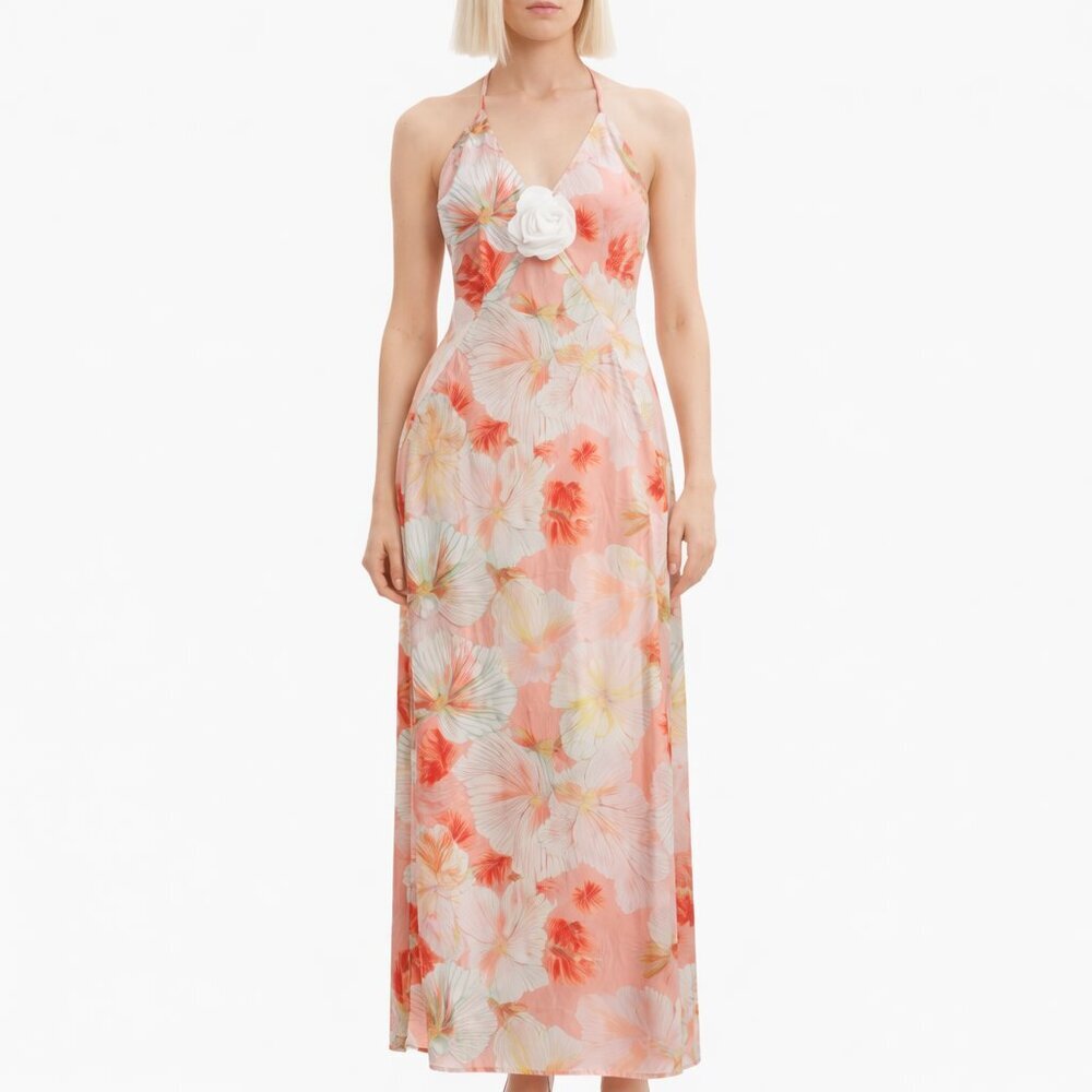 Bardot Rosette Floral Plunge Halter Gown Black Tie Holiday Dress 10